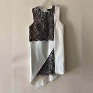 Robert Rodriguez White and Black Asymmetrical Lace Overlay Dress